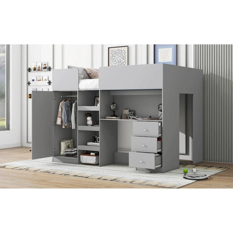 Grey Full Size Solid Wood Loft Bed with Built-in Wardrobe, Desk, and Shelves