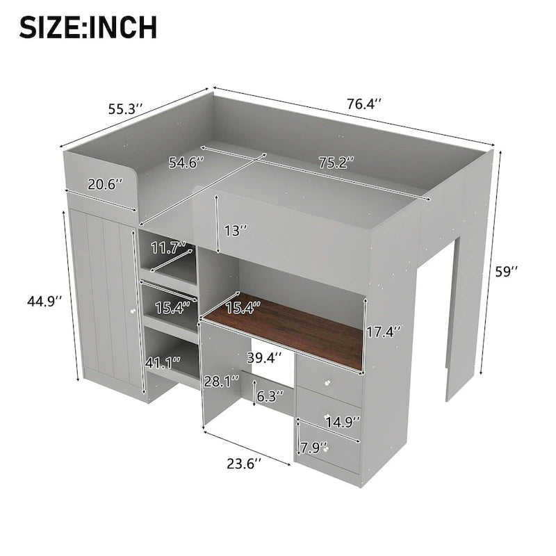Grey Full Size Solid Wood Loft Bed with Built-in Wardrobe, Desk, and Shelves