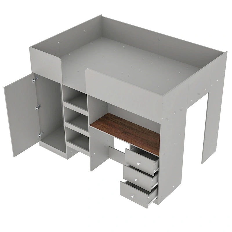 Grey Full Size Solid Wood Loft Bed with Built-in Wardrobe, Desk, and Shelves