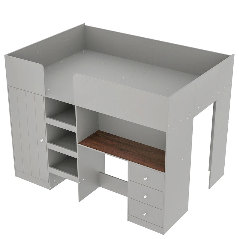 Grey Full Size Solid Wood Loft Bed with Built-in Wardrobe, Desk, and Shelves