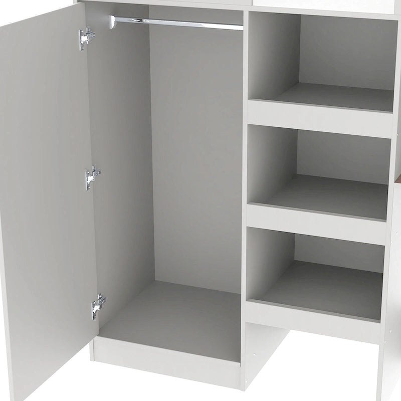 Grey Full Size Solid Wood Loft Bed with Built-in Wardrobe, Desk, and Shelves