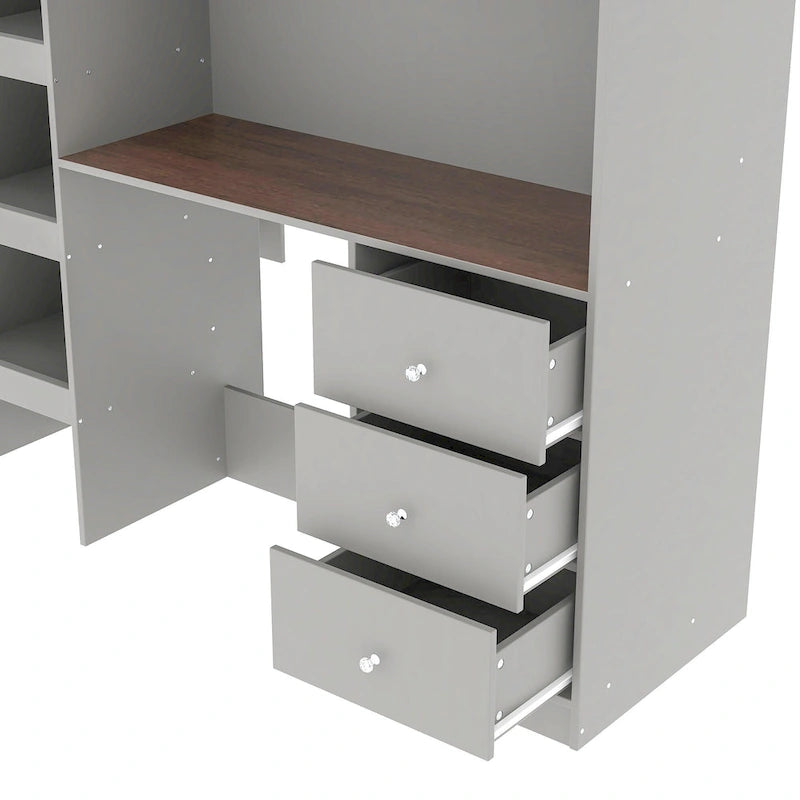 Grey Full Size Solid Wood Loft Bed with Built-in Wardrobe, Desk, and Shelves