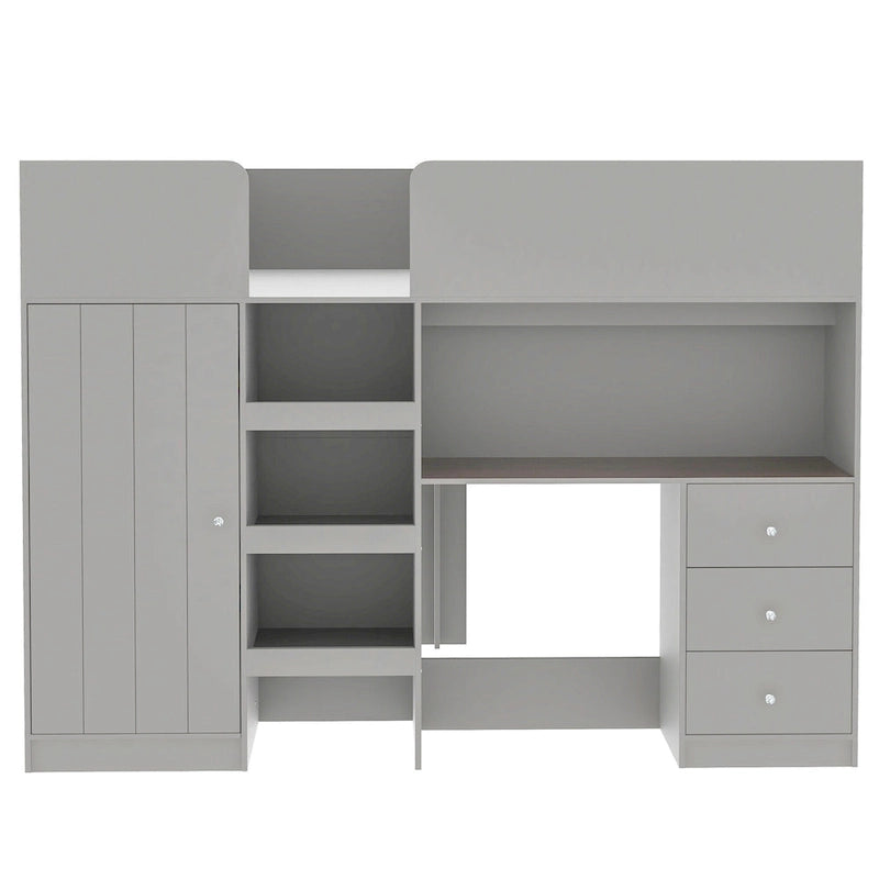 Grey Full Size Solid Wood Loft Bed with Built-in Wardrobe, Desk, and Shelves