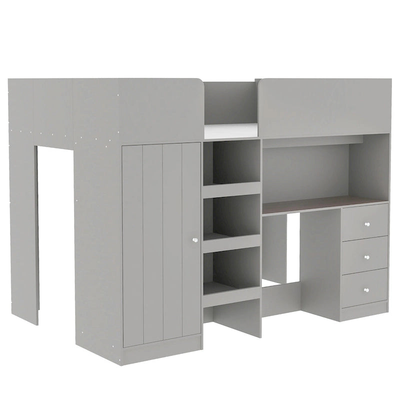 Grey Full Size Solid Wood Loft Bed with Built-in Wardrobe, Desk, and Shelves