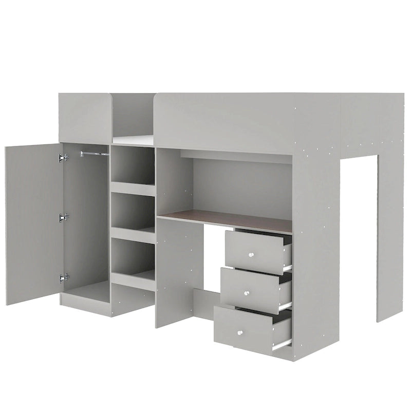 Grey Full Size Solid Wood Loft Bed with Built-in Wardrobe, Desk, and Shelves