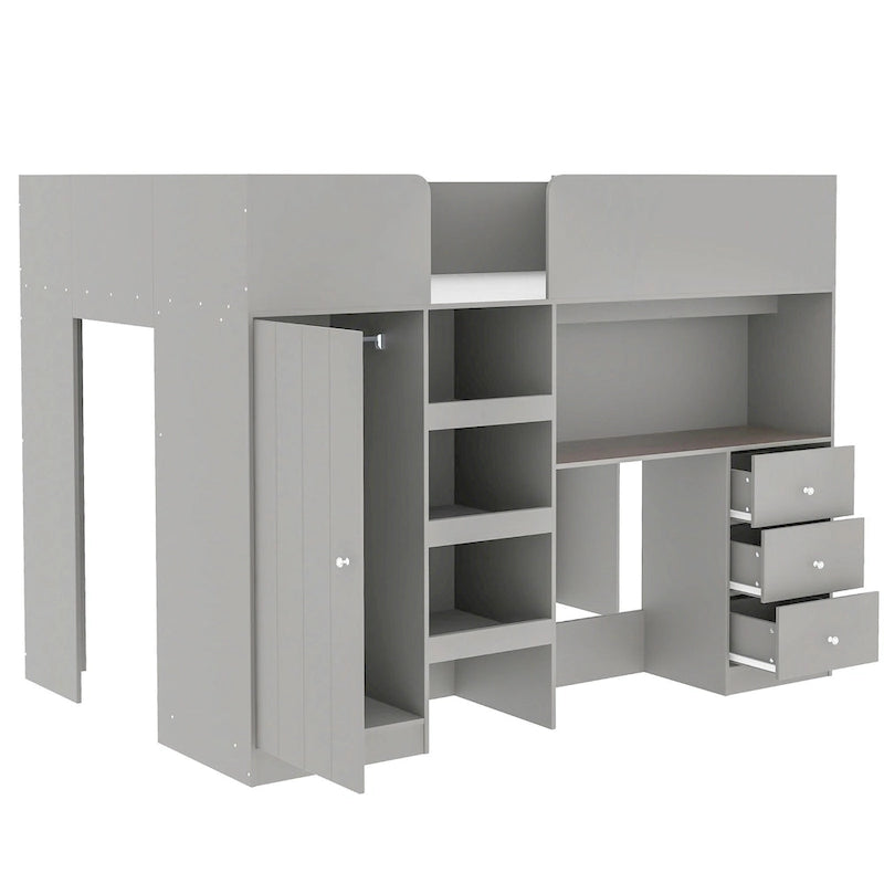 Grey Full Size Solid Wood Loft Bed with Built-in Wardrobe, Desk, and Shelves