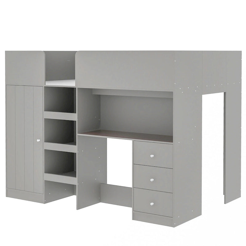 Grey Full Size Solid Wood Loft Bed with Built-in Wardrobe, Desk, and Shelves