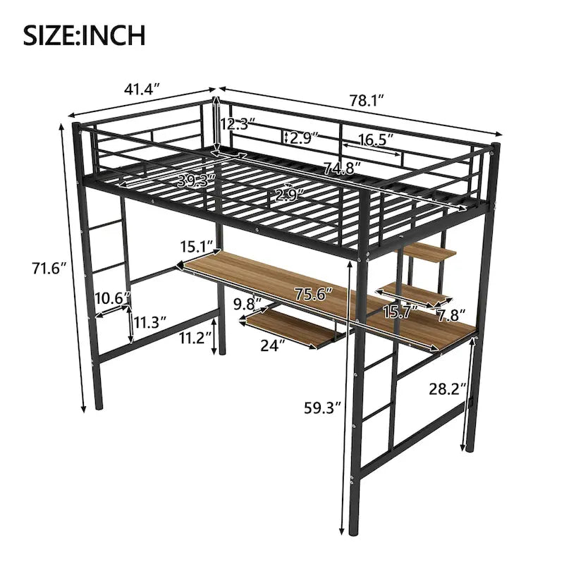Black Twin Size Metal Loft Bed with Desk and Shelf, Space-Saving Design
