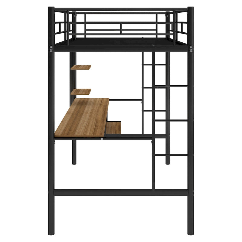 Black Twin Size Metal Loft Bed with Desk and Shelf, Space-Saving Design