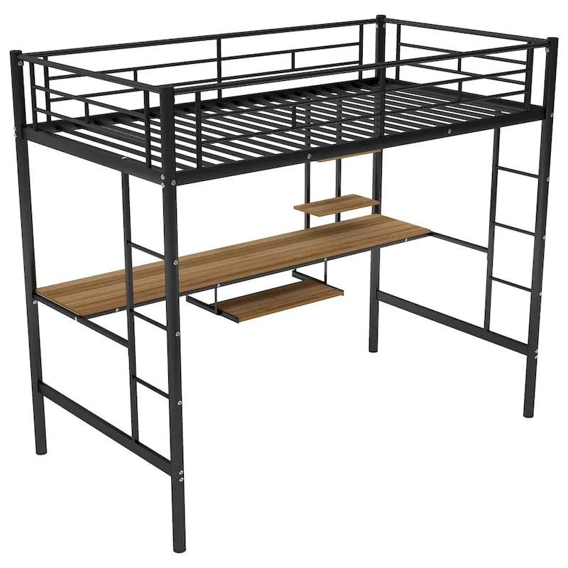 Black Twin Size Metal Loft Bed with Desk and Shelf, Space-Saving Design