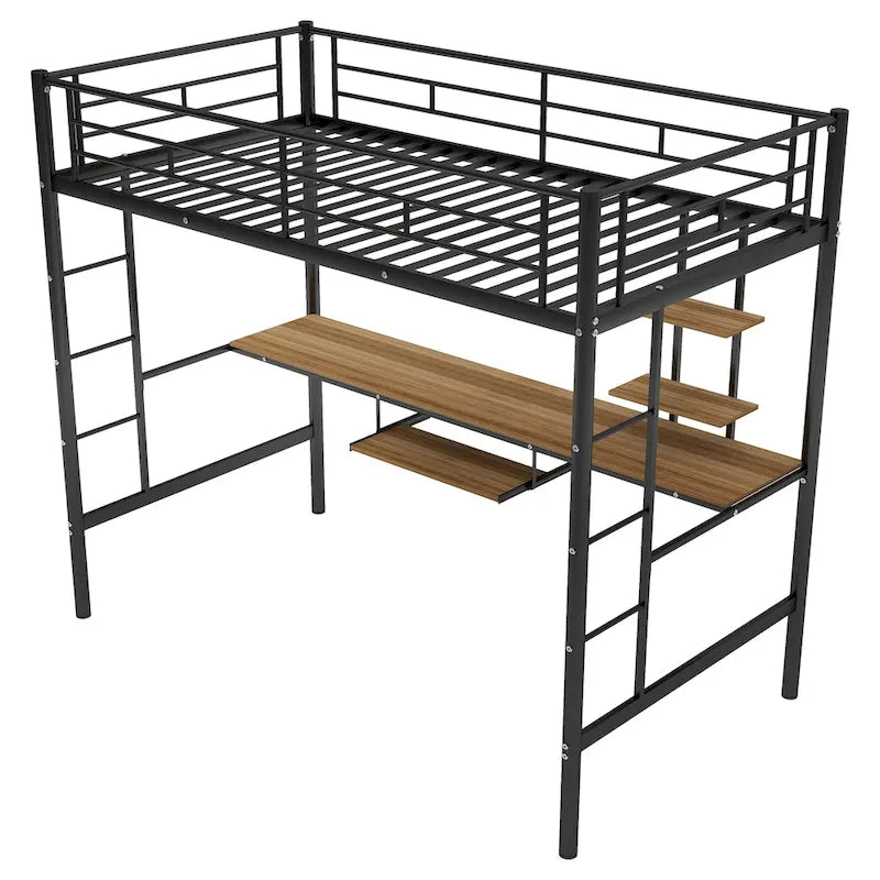 Black Twin Size Metal Loft Bed with Desk and Shelf, Space-Saving Design