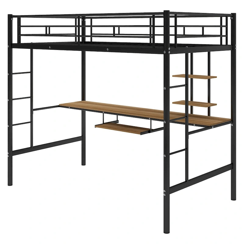 Black Twin Size Metal Loft Bed with Desk and Shelf, Space-Saving Design