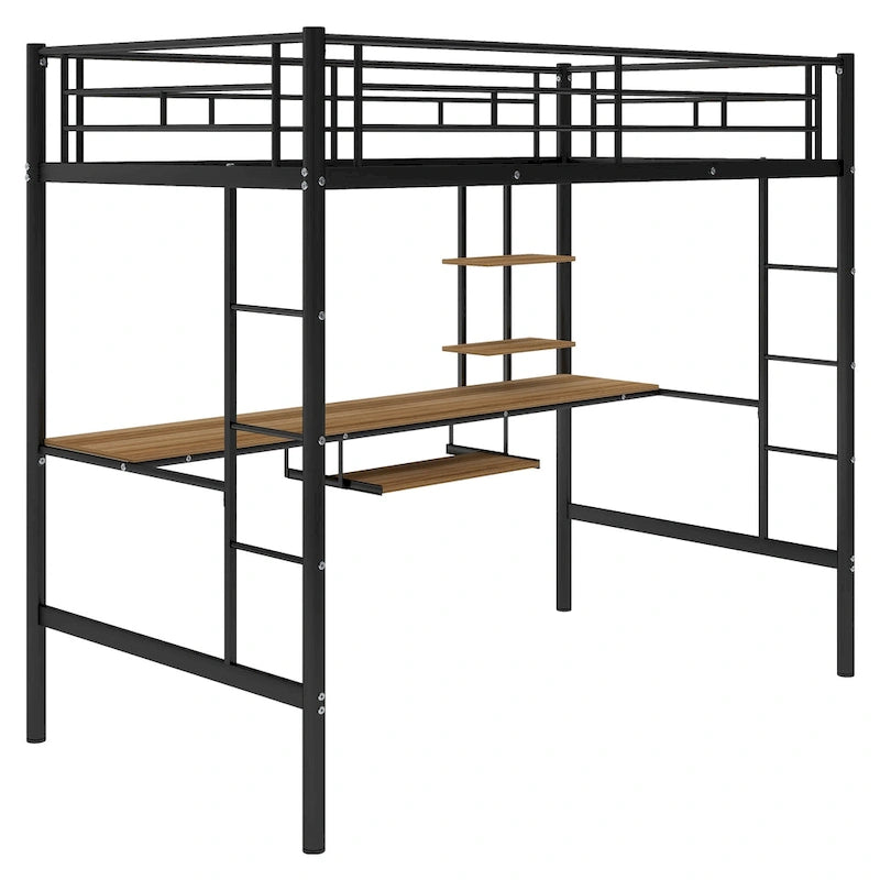 Black Twin Size Metal Loft Bed with Desk and Shelf, Space-Saving Design
