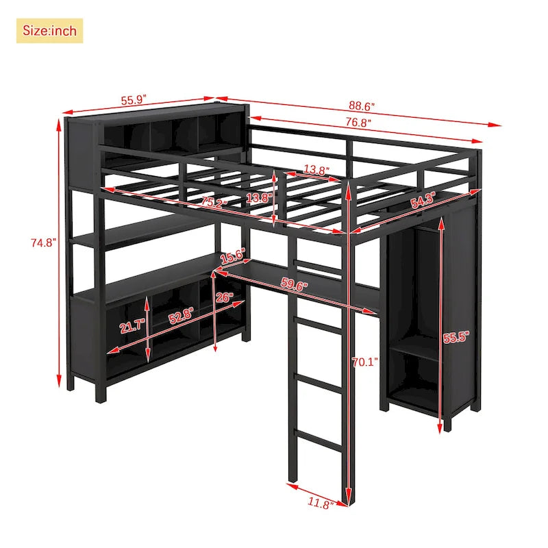Black Full Size Metal Loft Bed with Wardrobe, L-shaped Desk, and Storage Cubes