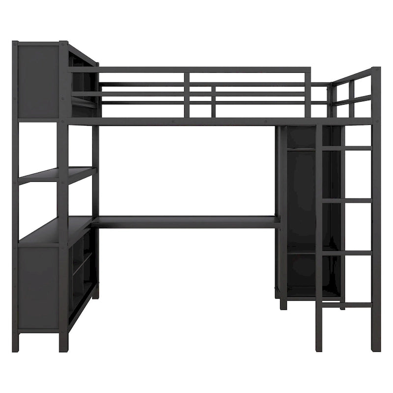 Black Full Size Metal Loft Bed with Wardrobe, L-shaped Desk, and Storage Cubes