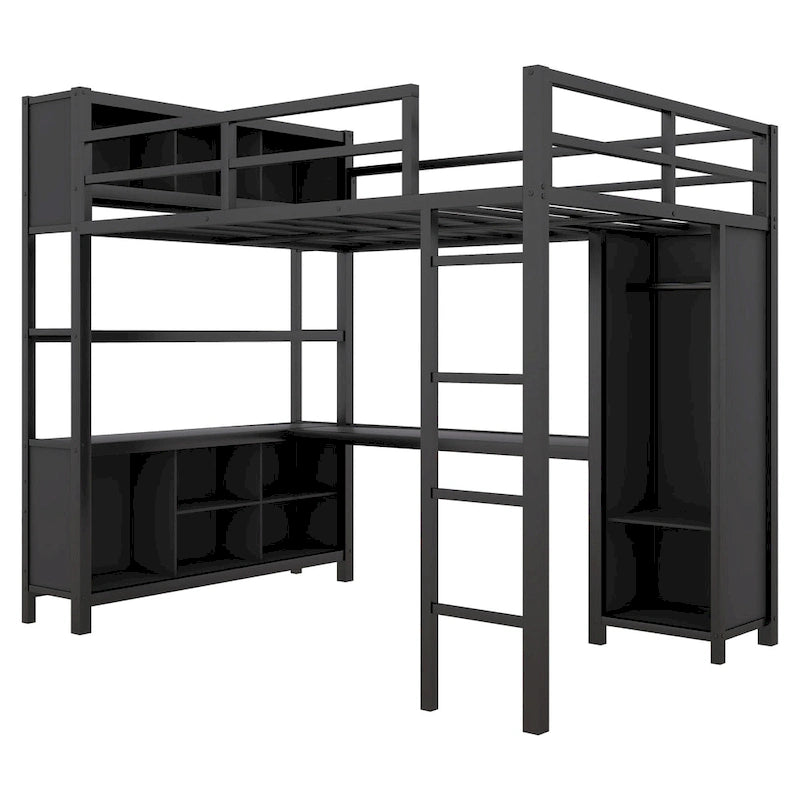 Black Full Size Metal Loft Bed with Wardrobe, L-shaped Desk, and Storage Cubes