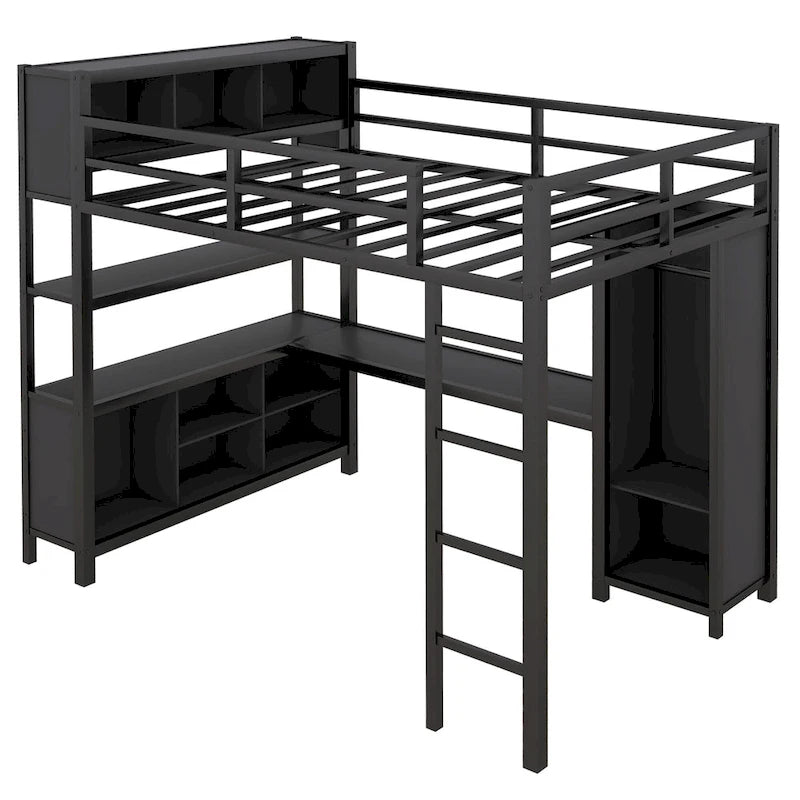 Black Full Size Metal Loft Bed with Wardrobe, L-shaped Desk, and Storage Cubes