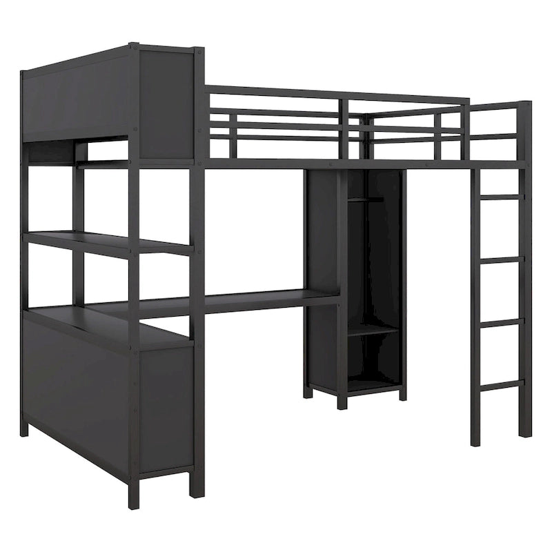 Black Full Size Metal Loft Bed with Wardrobe, L-shaped Desk, and Storage Cubes