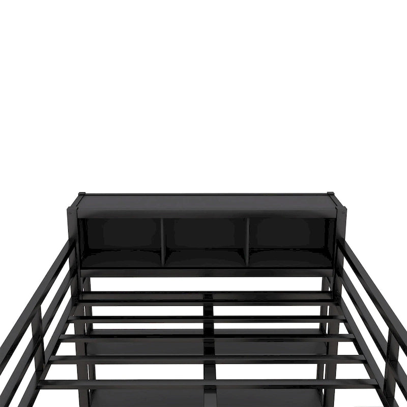 Black Full Size Metal Loft Bed with Wardrobe, L-shaped Desk, and Storage Cubes