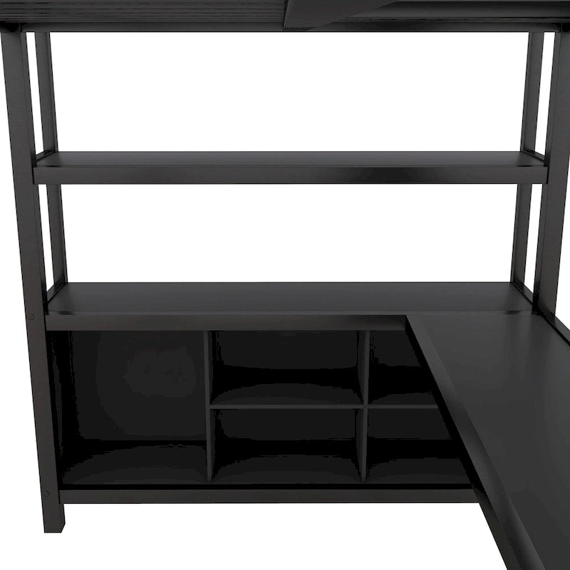 Black Full Size Metal Loft Bed with Wardrobe, L-shaped Desk, and Storage Cubes