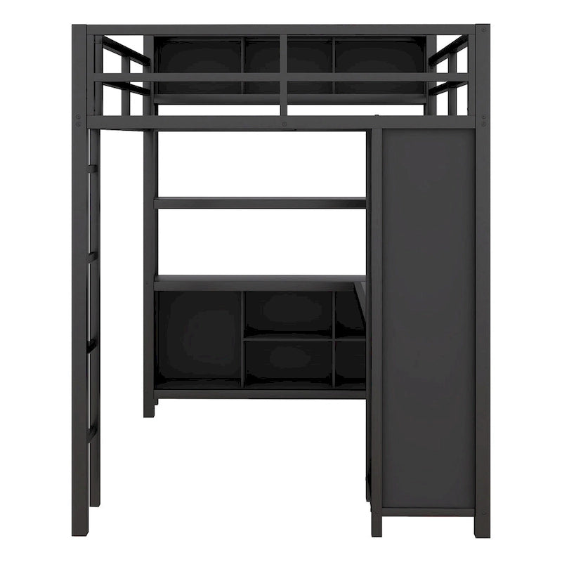 Black Full Size Metal Loft Bed with Wardrobe, L-shaped Desk, and Storage Cubes