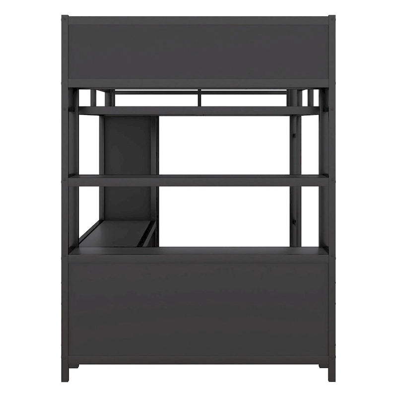 Black Full Size Metal Loft Bed with Wardrobe, L-shaped Desk, and Storage Cubes