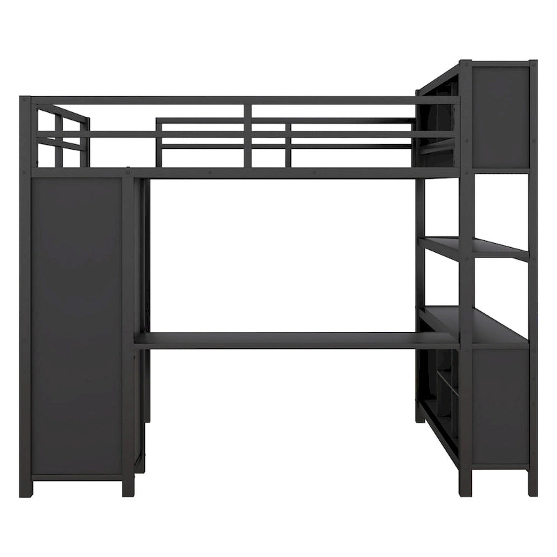 Black Full Size Metal Loft Bed with Wardrobe, L-shaped Desk, and Storage Cubes