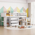 White Twin Size Wood Low Loft Bed with Pull-Out Desk