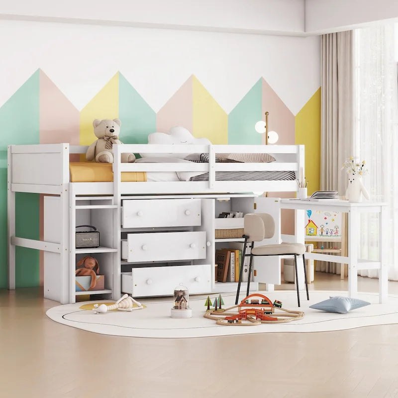 White Twin Size Wood Low Loft Bed with Pull-Out Desk