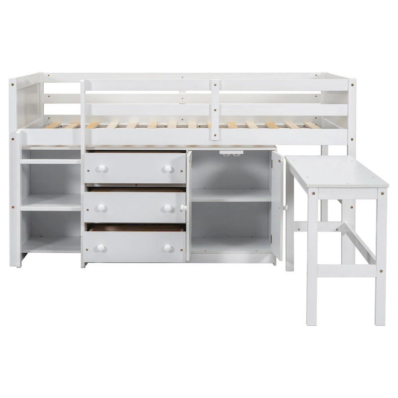 White Twin Size Wood Low Loft Bed with Pull-Out Desk