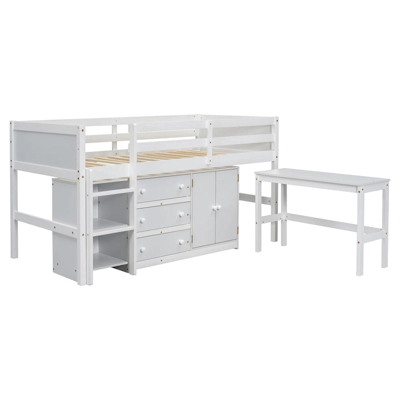 White Twin Size Wood Low Loft Bed with Pull-Out Desk