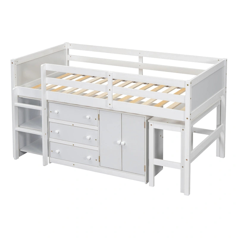 White Twin Size Wood Low Loft Bed with Pull-Out Desk
