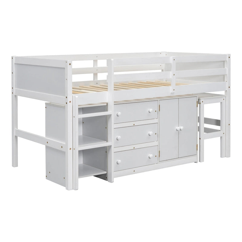 White Twin Size Wood Low Loft Bed with Pull-Out Desk