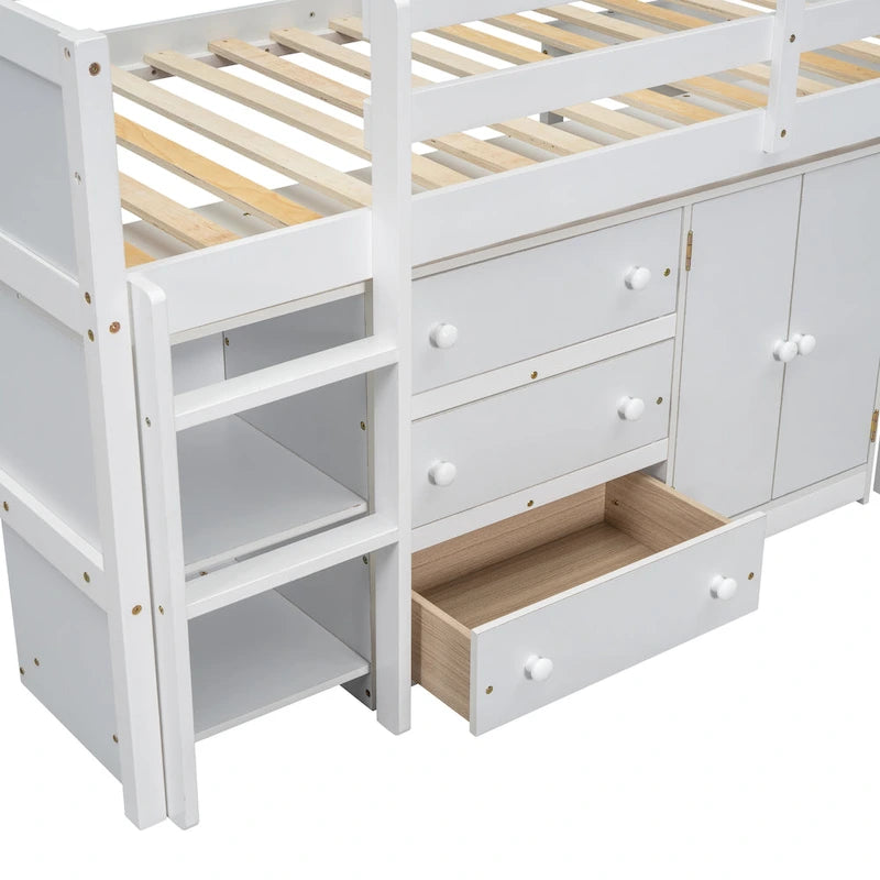 White Twin Size Wood Low Loft Bed with Pull-Out Desk