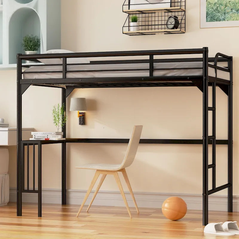 Black Twin Size Metal Loft Bed with Desk and Guardrails