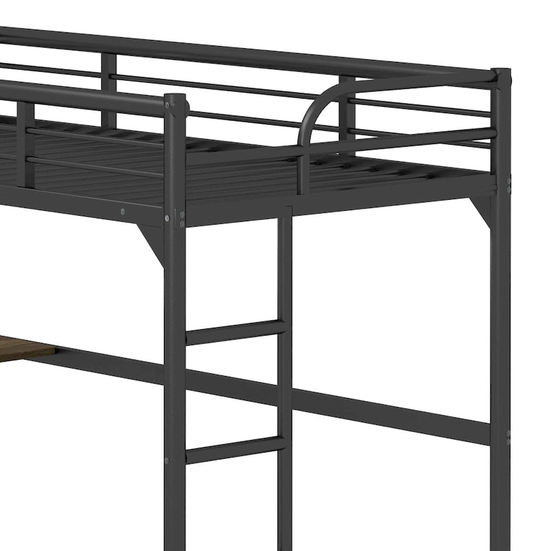 Black Twin Size Metal Loft Bed with Desk and Guardrails