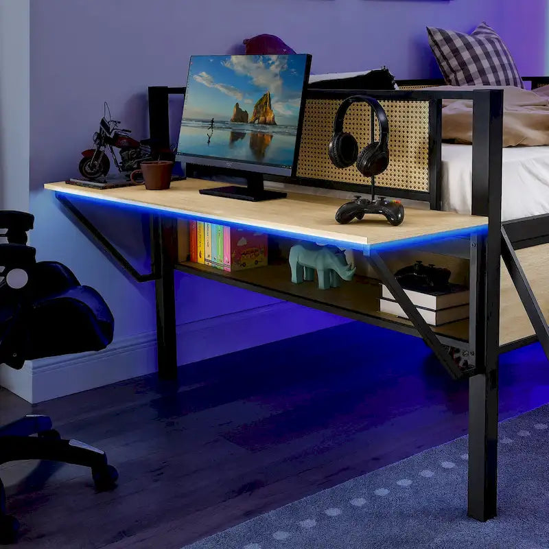 Black+Natural Full Size Metal Loft Bed with Rectangular Desk and Storage