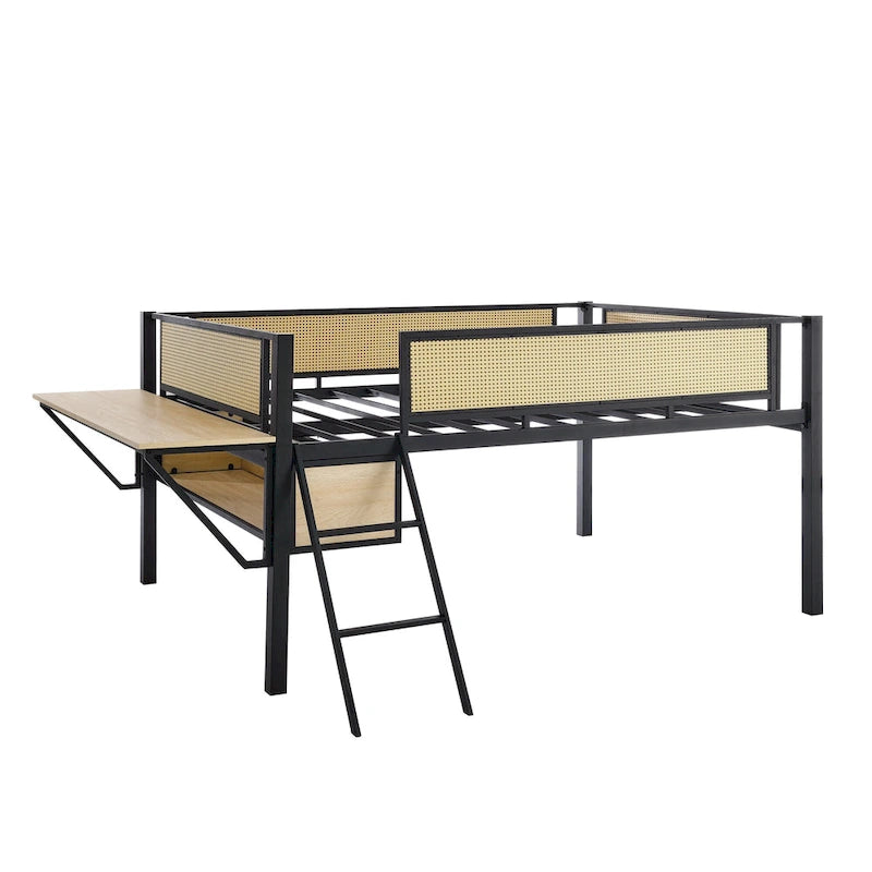 Black+Natural Full Size Metal Loft Bed with Rectangular Desk and Storage