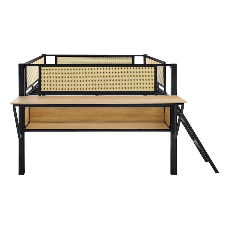 Black+Natural Full Size Metal Loft Bed with Rectangular Desk and Storage