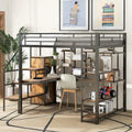 Black Full Size Metal Loft Bed with Storage Staircase and Small Wardrobe