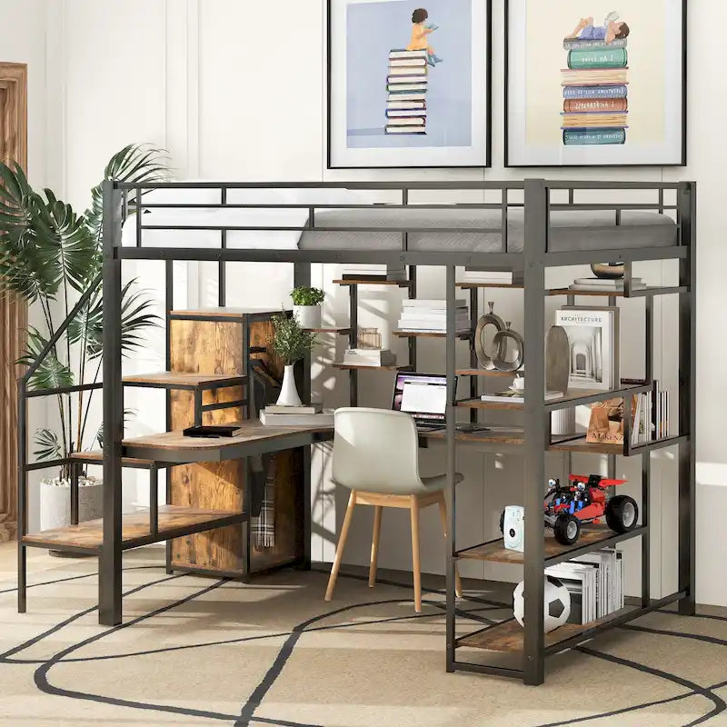 Black Full Size Metal Loft Bed with Storage Staircase and Small Wardrobe