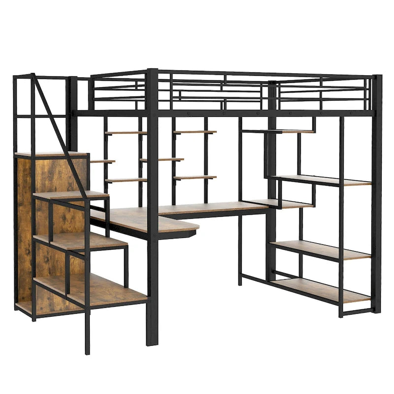Black Full Size Metal Loft Bed with Storage Staircase and Small Wardrobe