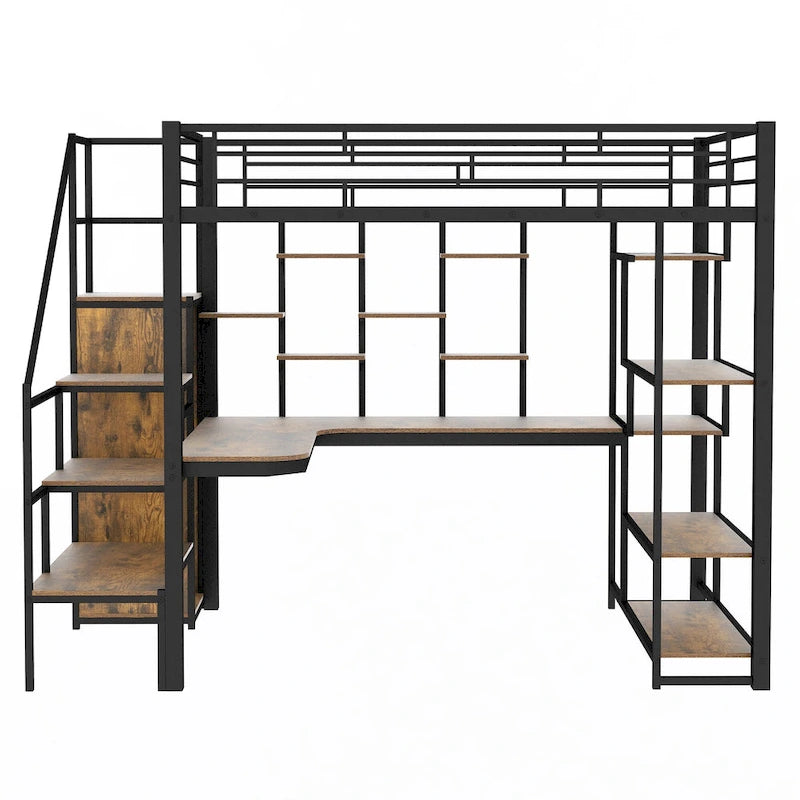 Black Full Size Metal Loft Bed with Storage Staircase and Small Wardrobe