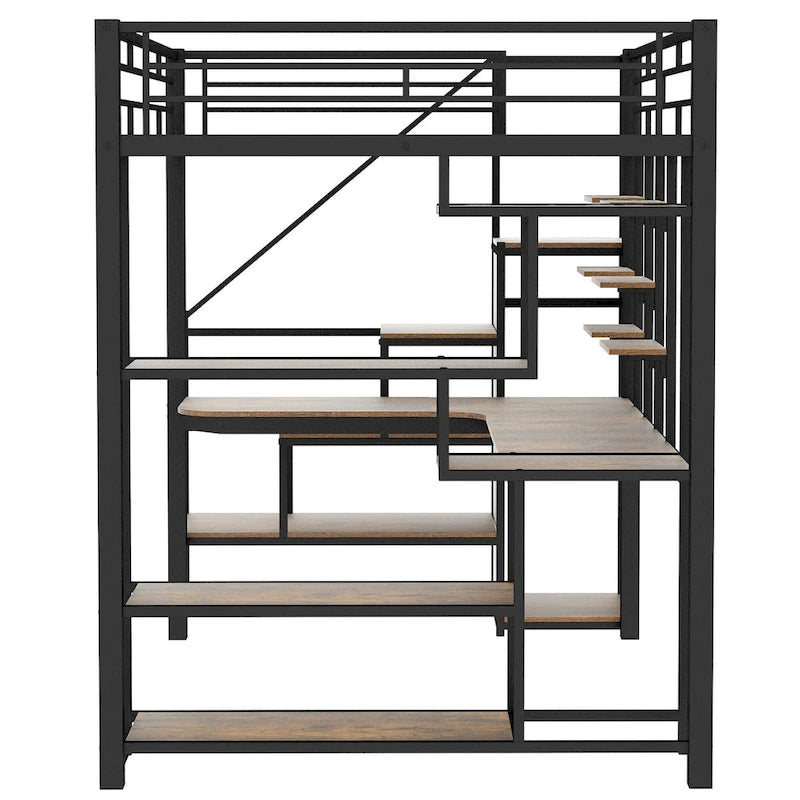 Black Full Size Metal Loft Bed with Storage Staircase and Small Wardrobe