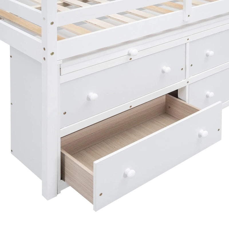 White Full Size Solid Wood Loft Bed with Retractable Desk and Drawers