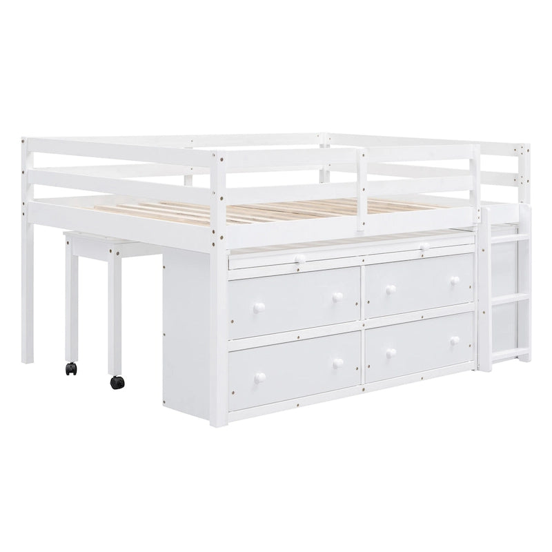 White Full Size Solid Wood Loft Bed with Retractable Desk and Drawers