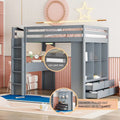 Gray Full Size Solid Wood Loft Bed with Shelves, Writing Desk, and LED Light