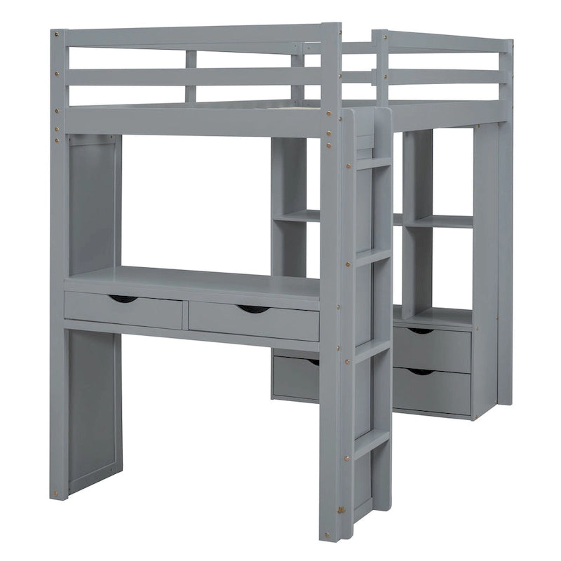 Gray Full Size Solid Wood Loft Bed with Shelves, Writing Desk, and LED Light