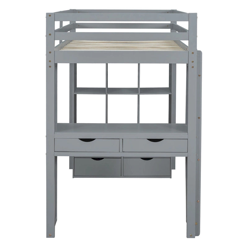 Gray Full Size Solid Wood Loft Bed with Shelves, Writing Desk, and LED Light