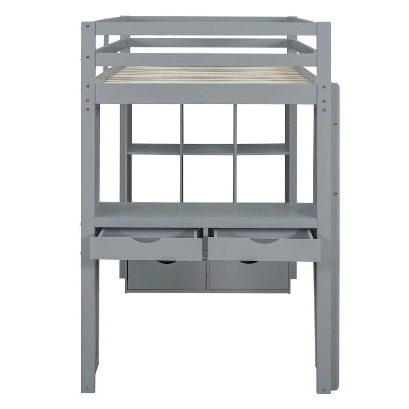 Gray Full Size Solid Wood Loft Bed with Shelves, Writing Desk, and LED Light